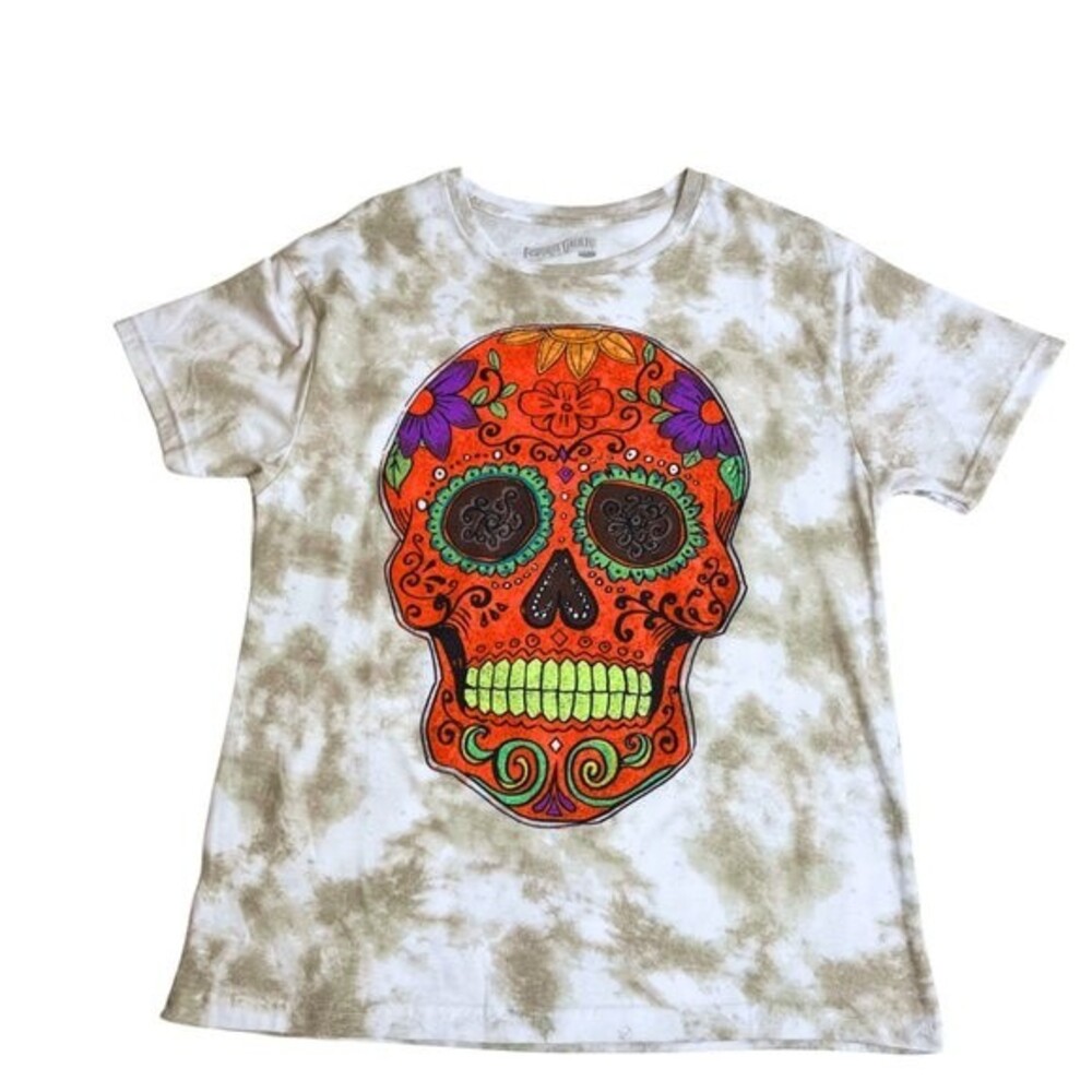 White Tie Dye T-Shirt, Day of the Dead Skull Tee Shirt Size Medium